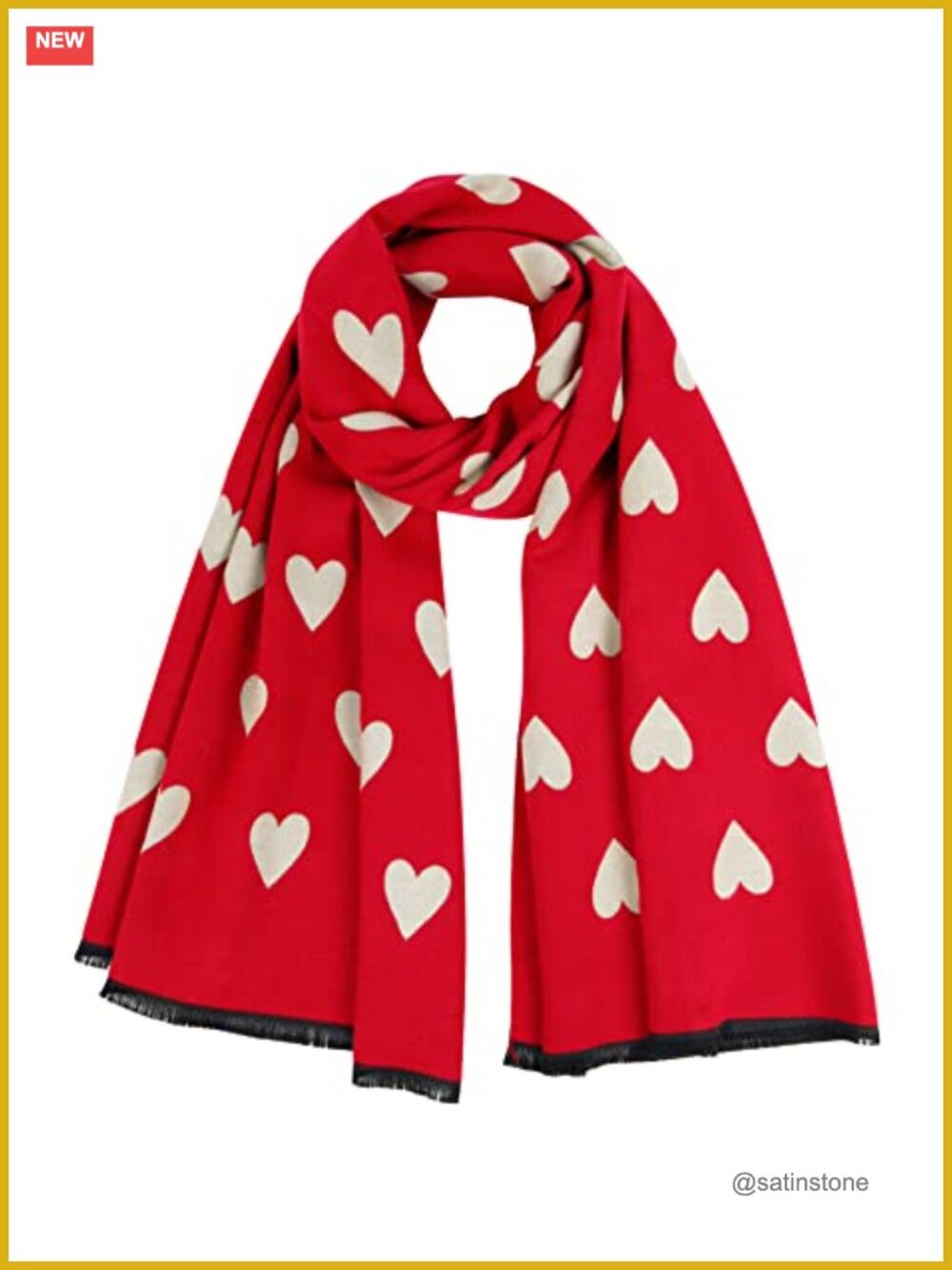 Reversible Long Scarf with Heart Print, Soft Cashmere Feel, Warm Winter Neck